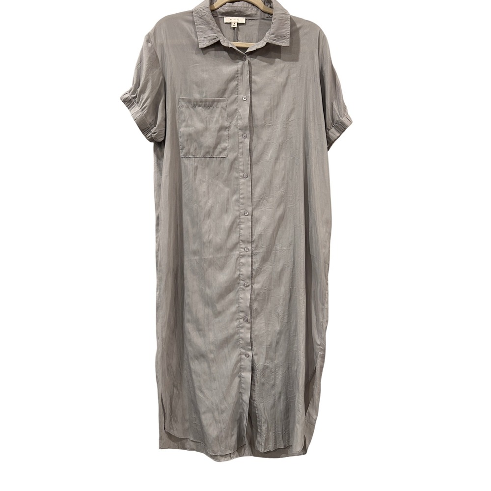 All:row Grey Button Front Short Sleeve Shirt Dress Midi with Pockets Size M